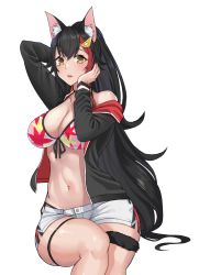 Rule 34 | 1girl, animal ears, bikini, black hair, black jacket, breasts, cleavage, highres, hololive, hololive gamers, jacket, large breasts, long hair, long sleeves, looking at viewer, multicolored hair, navel, off shoulder, ookami mio, parted lips, ponytail, ranox, red hair, shiny skin, shorts, simple background, solo, swimsuit, tail, tail around own leg, two-tone hair, virtual youtuber, white background, white shorts, wolf ears, wolf girl, wolf tail, yellow eyes