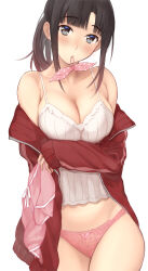 Rule 34 | 1girl, bare shoulders, black eyes, black hair, bow, bow panties, breasts, cleavage, commentary request, cowboy shot, highres, jacket, large breasts, long hair, long sleeves, looking at viewer, mole, mole on neck, mouth hold, nijisanji, off shoulder, open clothes, open jacket, panties, pink panties, pink shorts, ponytail, red jacket, serizawa (serizawaroom), shirt, shorts, simple background, sleeves past wrists, solo, suzuka utako, underwear, unworn shorts, virtual youtuber, white background, white shirt