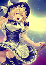 Rule 34 | 1girl, :d, absurdres, apron, black bow, black bowtie, blonde hair, bow, bowtie, breasts, broom, buttons, carrot (carrotsgame), commentary, crescent moon, frilled apron, frilled skirt, frilled sleeves, frills, hair between eyes, hair bow, hat, highres, kirisame marisa, long hair, looking at viewer, moon, open mouth, panties, pantyshot, puffy short sleeves, puffy sleeves, shirt, short sleeves, sitting, skirt, smile, solo, star (symbol), touhou, underwear, vest, white apron, white panties, white shirt, witch hat, yellow eyes