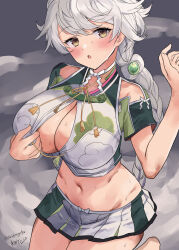 Rule 34 | 1girl, artist name, asymmetrical hair, blush, braid, breasts, cleavage, grey hair, highres, kantai collection, large breasts, long hair, mizuta kenji, navel, one-hour drawing challenge, open mouth, signature, single braid, solo, twitter username, unryuu (kancolle), very long hair, yellow eyes