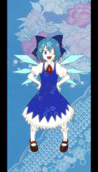 Rule 34 | 1girl, blue eyes, blue hair, bow, cirno, hair bow, hands on own hips, ice, ice wings, mary janes, matching hair/eyes, nora wanko, one eye closed, open mouth, shoes, short hair, solo, touhou, wings, wink