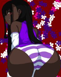 Rule 34 | 1girl, absurdres, ass, ass focus, black hair, blush, brown eyes, cameltoe, dark-skinned female, dark skin, detached sleeves, from behind, highres, long hair, looking at viewer, looking back, meihalia lavinah, mizukurokishona, original, panties, purple panties, simple background, skirt, smile, solo, striped clothes, striped panties, underwear