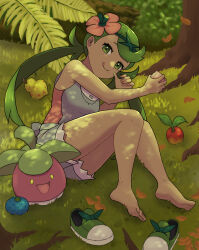 Rule 34 | 1girl, :q, barefoot, berry (pokemon), bounsweet, closed mouth, commentary request, creatures (company), dark-skinned female, dark skin, eating, falling leaves, feet, flower, game freak, gen 7 pokemon, grass, green eyes, green hair, green headband, grey overalls, headband, highres, holding, leaf, long hair, looking at viewer, lying, mallow (pokemon), nintendo, on side, outdoors, overall shorts, overalls, pink flower, pink shirt, pokemon, pokemon (creature), pokemon sm, shirt, shoes, sitrus berry, smile, soles, swept bangs, toes, tongue, tongue out, tree, twintails, unworn shoes, urin (littleurin)