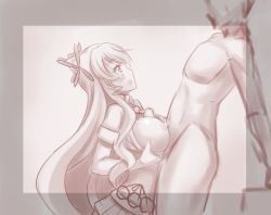 Rule 34 | 1boy, 1girl, alfort (may0508), blush, breasts, breasts out, flower, hair flower, hair ornament, large breasts, long hair, looking at another, maria cadenzavna eve, monochrome, necktie, nipples, no bra, open mouth, paizuri, senki zesshou symphogear, shiny skin, smile