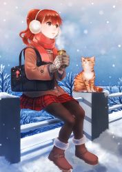 Rule 34 | 1girl, bag, boots, brown eyes, cat, coffee, cup, earmuffs, gloves, highres, jacket, long hair, original, pantyhose, plaid, plaid skirt, ponytail, red hair, red scarf, scarf, school bag, skirt, sky, smile, snow, solo, soujirou, thighhighs, tree, winter