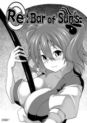 Rule 34 | 1girl, between breasts, breasts, cleavage, female focus, greyscale, hair bobbles, hair ornament, large breasts, monochrome, onozuka komachi, polearm, sexually suggestive, short hair, soba (saz), solo, touhou, twintails, two side up, weapon