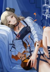 Rule 34 | 1girl, absurdres, arknights, breasts, choker, dress, feet out of frame, fish, highres, horns, ifrit (arknights), indoors, intravenous drip, jacket, knee up, light brown hair, long hair, looking at viewer, lwj, material growth, orange eyes, oripathy lesion (arknights), parted lips, plant, short dress, sitting, small breasts, smile, thigh strap, white jacket