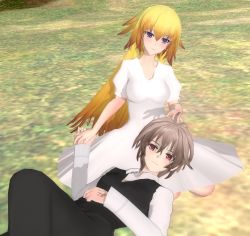 Rule 34 | 1boy, 1girl, 3d, ahoge, black pants, blonde hair, blush, breasts, brown hair, couple, dress, fate/apocrypha, fate (series), grass, hand grab, hand on another&#039;s head, hetero, jeanne d&#039;arc (fate), jeanne d&#039;arc (ruler) (fate), large breasts, long hair, long sleeves, looking at viewer, lying on person, pants, purple eyes, red eyes, sansei gomesu, shirt, short hair, sieg (fate), sitting, very long hair, waistcoat, white dress, white shirt