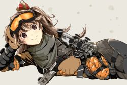 Rule 34 | 1girl, apex legends, black scarf, bodysuit, brown gloves, brown hair, closed mouth, commentary, cosplay, cowboy shot, crown, fang, gloves, goggles, gun, handgun, holding, holding gun, holding weapon, kichihachi, long hair, looking at viewer, lying, mirage (apex legends), mirage (apex legends) (cosplay), on side, pistol, purple eyes, re:act, scarf, shishigami leona, simple background, skin fang, solo, two side up, virtual youtuber, weapon