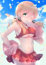 Rule 34 | 1girl, alternate costume, anchor hair ornament, aqua eyes, blonde hair, blue sky, breasts, cheerleader, cloud, commentary request, confetti, cowboy shot, crop top, german commentary, hair ornament, highres, kantai collection, large breasts, long hair, miniskirt, pleated skirt, prinz eugen (kancolle), red skirt, skirt, sky, solo, tongue, tongue out, tsukimochikuriko (tsukimochi k), twintails, underboob