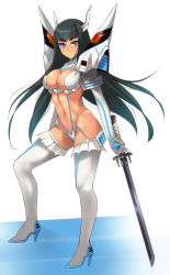 Rule 34 | 10s, 1girl, armor, black hair, blue eyes, boots, breasts, cleavage, cleavage cutout, clothing cutout, covered erect nipples, hevn, high heel boots, high heels, highres, junketsu, katana, kill la kill, kiryuuin satsuki, large breasts, living clothes, long hair, spikes, suspenders, sword, thigh boots, thighhighs, weapon