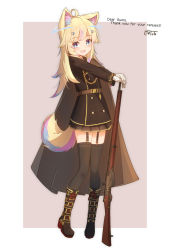 Rule 34 | 1girl, :d, ahoge, animal ear fluff, animal ears, belt, black thighhighs, blonde hair, blue eyes, blush, boots, brown belt, brown coat, brown skirt, coat, commission, coreytaiyo, fang, full body, garter straps, gloves, gun, hair ornament, hairclip, highres, leaning on object, long hair, long sleeves, looking at viewer, military, military uniform, miniskirt, open mouth, original, pleated skirt, rifle, signature, simple background, skeb commission, skin fang, skirt, smile, solo, standing, tail, thank you, thighhighs, uniform, weapon, white gloves, zettai ryouiki