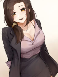 Rule 34 | 1girl, absurdres, arms behind back, black bra, black jacket, black skirt, blazer, bra, breasts, brown eyes, brown hair, enzone, eyebrows hidden by hair, eyes visible through hair, gotou airi, hairband, hand in pocket, hige wo soru. soshite joshikousei wo hirou., highres, jacket, large breasts, long hair, looking at viewer, mole, mole under eye, open clothes, open jacket, open mouth, shirt, skirt, smile, solo, standing, teeth, thighs, underwear