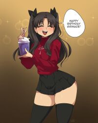 Rule 34 | !, 1girl, black hair, black skirt, black thighhighs, closed eyes, commentary, cup, disposable cup, drinking straw, english commentary, english text, fate/stay night, fate (series), female focus, grimace shake (meme), highres, long sleeves, mcdonald&#039;s, meme, miniskirt, open mouth, ryou sakai, skindentation, skirt, solo, speech bubble, teeth, thick thighs, thighhighs, thighs, tohsaka rin, tongue, zettai ryouiki
