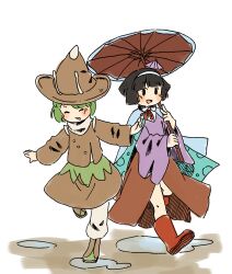 Rule 34 | 2others, absurdres, amanomiya jun, amanomori shou, androgynous, antennae, baila kuangzi, black eyes, black hair, blue cape, boots, brown headwear, brown shirt, brown skirt, cape, closed eyes, collared shirt, commentary, green hair, hairband, happy, hat, highres, holding, holding umbrella, len&#039;en, long sleeves, multiple others, neck ribbon, open mouth, other focus, outstretched arms, pants, pointy hat, puddle, purple sweater, red footwear, red ribbon, ribbon, running, shirt, short hair, sketch, skirt, smile, spread arms, sweater, symbol-only commentary, umbrella, umbrella hair ornament, white hairband, white pants, white shirt