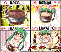 Rule 34 | 1girl, alternate hairstyle, anger vein, blush stickers, breasts, bucket, chamaruk, chart, chibi, collarbone, english text, female focus, green hair, hair bobbles, hair ornament, highres, in bucket, in container, kisume, medium breasts, multiple views, muscular, muscular female, short hair, touhou, translation request, twintails