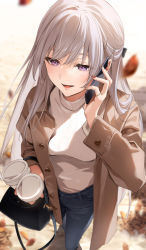 Rule 34 | 1girl, autumn leaves, bag, brown coat, coat, cup, disposable cup, from above, grey hair, hair ornament, handbag, highres, jewelry, long hair, nail polish, open mouth, original, purple eyes, ring, sweater, sweater tucked in, talking on phone, turtleneck, turtleneck sweater, very long hair, white sweater, x hair ornament, zattape