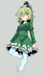 Rule 34 | 1girl, black hat, breasts, closed mouth, cross-laced clothes, full body, ghost tail, green eyes, green hair, grey background, hat, large breasts, long sleeves, looking at viewer, midori niku, short hair, simple background, soga no tojiko, solo, tate eboshi, touhou