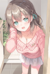 Rule 34 | 1girl, bare shoulders, blue eyes, blue ribbon, blush, braid, breasts, brown hair, cleavage, collarbone, commentary request, doorway, earrings, hair ribbon, hand in own hair, hand up, heart, heart necklace, jewelry, kurasawa moko, leaning forward, looking at viewer, medium breasts, medium hair, mole, mole on breast, necklace, off-shoulder sweater, off shoulder, open mouth, opening door, original, pink sweater, plant, pleated skirt, pov doorway, ribbon, skirt, solo, standing, sweater, wooden floor