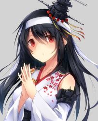 Rule 34 | 10s, 1girl, black hair, blush, detached sleeves, fusou (kancolle), grey background, hair ornament, headband, highres, japanese clothes, kantai collection, kimono, long hair, md5 mismatch, metindone, nontraditional miko, own hands together, resized, resolution mismatch, solo, source larger, upper body