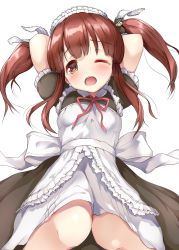 Rule 34 | 1girl, ;o, alternate costume, apron, arms behind head, arms up, black dress, blush, breasts, brown eyes, brown hair, collared dress, commentary request, dress, enmaided, frilled sleeves, frills, highres, idolmaster, idolmaster cinderella girls, kuroba aki, long hair, looking at viewer, maid, maid headdress, neck ribbon, ogata chieri, one eye closed, open mouth, puffy short sleeves, puffy sleeves, red ribbon, ribbon, short sleeves, sidelocks, simple background, small breasts, solo, tears, teeth, twintails, upper teeth only, white apron, white background