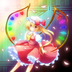 Rule 34 | 1girl, ascot, blonde hair, bow, fang, female focus, flandre scarlet, hat, hat bow, heart, long hair, osashin (osada), pointing, pointing at self, red eyes, short hair, side ponytail, skirt, skirt set, smile, solo, touhou, wings