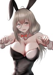 Rule 34 | 1girl, ahoge, animal ears, blush, breasts, bunny day, rabbit ears, cleavage, commentary request, embarrassed, fake animal ears, girls&#039; frontline, grey eyes, grey hair, helianthus (girls&#039; frontline), highres, large breasts, leotard, monocle, playboy bunny, solo, strapless, take (trude1945oneetyan), wrist cuffs
