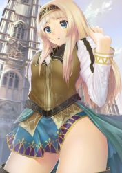 Rule 34 | 1girl, alicia (valkyrie profile 2), blue eyes, blush, female focus, hairband, highres, legs, long hair, outdoors, skirt, sky, solo, valkyrie profile (series), valkyrie profile 2: silmeria