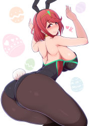 Rule 34 | 1girl, animal ears, ass, back, blush, breasts, rabbit ears, rabbit tail, fake animal ears, highres, huge ass, huge breasts, looking at viewer, looking back, nintendo, pantyhose, playboy bunny, ponponmaru, pyra (xenoblade), red eyes, red hair, short hair, sideboob, smile, solo, tail, xenoblade chronicles (series), xenoblade chronicles 2, xenoblade chronicles (series), xenoblade chronicles 2