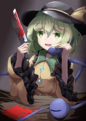 Rule 34 | 1girl, arms up, black background, black hat, blood, blood splatter, bloody weapon, collar, commentary request, elbows on table, frilled shirt collar, frilled sleeves, frills, gradient background, green collar, green eyes, green hair, hair between eyes, hat, hat ribbon, highres, holding, holding knife, holding phone, knife, komeiji koishi, long sleeves, looking to the side, open mouth, phone, resa 7z (resastr), ribbon, shirt, short hair, solo, talking on phone, touhou, upper body, weapon, yellow shirt