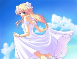 Rule 34 | 1girl, arm garter, back, bad id, bad pixiv id, bare shoulders, blonde hair, blue eyes, bow, breasts, clothes lift, cloud, cloudy sky, day, dress, dress lift, hair bow, hair ornament, holding, kajo, kneepits, long hair, looking at viewer, looking back, quiz magic academy, ribbon, shalon, sky, solo, white dress