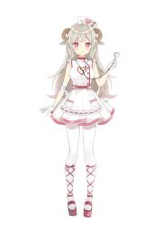 Rule 34 | 1girl, ahoge, animal ears, bandaged arm, bandages, breasts, cleavage cutout, clothing cutout, commentary request, copyright request, dress, full body, gloves, grey hair, hand up, hat, heart cutout, holding, horns, long hair, medium breasts, nurse cap, pantyhose, platform footwear, red eyes, red footwear, saeki sora, sheep ears, sheep girl, sheep horns, simple background, sleeveless, sleeveless dress, solo, standing, stethoscope, tilted headwear, very long hair, white background, white dress, white gloves, white hat, white pantyhose