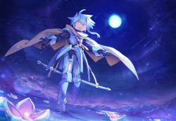 Rule 34 | 1boy, :d, ahoge, armor, bad id, bad pixiv id, black gloves, blue eyes, blue hair, blue sky, boots, bright pupils, brown cape, cape, fang, faulds, floating hair, flower, full moon, gloves, hair between eyes, highres, horizon, long sleeves, looking at viewer, male focus, armored boots, moon, night, night sky, open mouth, original, sheath, sheathed, shichigatsu, shooting star, sky, smile, solo, star (sky), starry sky, sword, weapon, white flower, white pupils