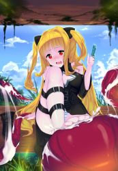 Rule 34 | 1girl, absurdres, aowltus209, arm support, bad id, bad twitter id, barefoot, belt, blonde hair, blue sky, blush, boots, cleavage cutout, clothing cutout, cloud, day, feet, food, grass, highres, konjiki no yami, long hair, melting, moss, open mouth, panties, pantyshot, popsicle, porch, sidelocks, sitting, sky, solo, striped clothes, striped panties, suggestive fluid, tears, tentacles, to love-ru, toes, two side up, underwear, unworn boots, very long hair