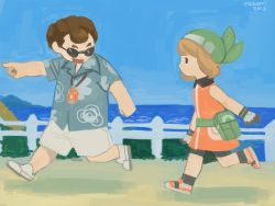 Rule 34 | 1boy, 1girl, 2016, :d, aqua shirt, bandana, bare arms, bike shorts, black eyes, black legwear, blue sky, brown hair, collared dress, collared shirt, creatures (company), day, dress, fanny pack, fence, game freak, gloves, grass, green bandana, green bandanna, highres, light brown hair, looking at another, may (pokemon), may (pokemon emerald), multicolored clothes, multicolored gloves, nakamime, nintendo, ocean, open mouth, orange dress, orange footwear, orange shirt, outdoors, pointing, pokemon, pokemon emerald, pokemon rse, running, scott (pokemon), shirt, shoes, short hair, short sleeves, shorts, signature, sky, sleeveless, sleeveless dress, sleeveless shirt, smile, socks, sunglasses, white footwear, white shorts