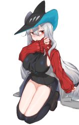 Rule 34 | 1girl, arknights, ascot, bare shoulders, black ascot, black dress, black pants, boots, brown footwear, clothing cutout, commentary, dated commentary, dress, full body, hand up, hat, highres, inniyik, long hair, long sleeves, looking at viewer, low-tied long hair, pants, red sweater, seiza, sitting, skadi (arknights), sleeveless, sleeveless dress, sweater, thigh cutout, very long hair, white background