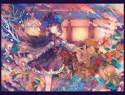 Rule 34 | 1girl, :/, bare tree, bell, bird, black hair, blue eyes, book, border, bow, camera, cape, cha goma, cherry blossoms, colorful, commentary, envelope, fish, flag, flower, gloves, goldfish, hair flower, hair ornament, hat, hat bow, hat flower, high heels, highres, leaf, light particles, looking at viewer, looking to the side, maple leaf, original, paper, petticoat, pumpkin, ripples, seasons, sidelocks, skirt, snow, straw hat, suspenders, tree, white gloves, wind
