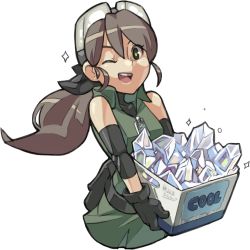 Rule 34 | 1girl, 2013, ;), bare shoulders, box, brown hair, colorized, crystal, dated, dress, elbow pads, english text, fanny pack, gloves, goggles, goggles on head, green eyes, happy, holding, junkpuyo, long hair, one eye closed, open mouth, original, plume (junkpuyo), ponytail, short dress, sleeveless, smile, solo, text focus, transparent, transparent background, wink, zipper