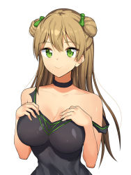 Rule 34 | 1girl, bad id, bad pixiv id, bare shoulders, breast suppress, breasts, brown hair, choker, cleavage, double bun, girls&#039; frontline, green eyes, hands on own chest, hsd, large breasts, long hair, looking at viewer, rfb (girls&#039; frontline), smile, solo, tank top, upper body