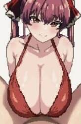 Rule 34 | 1boy, 1girl, animated, animated gif, bikini, bouncing breasts, bow, breasts, breasts squeezed together, facing viewer, hair bow, handsfree paizuri, hololive, houshou marine, huge breasts, looking at viewer, paizuri, paizuri under clothes, penis, pixel art, pov, red bikini, red bow, red hair, swimsuit, twintails, virtual youtuber, yellow eyes, zurikitty