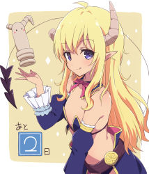 Rule 34 | 1girl, :q, blonde hair, closed mouth, demon girl, demon horns, demon tail, detached sleeves, flat chest, highres, horns, lilith (machikado mazoku), long hair, looking at viewer, machikado mazoku, mel (melty pot), pointy ears, purple eyes, smile, solo, tail, tongue, tongue out