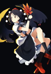 Rule 34 | 1girl, belt, bird wings, black background, black belt, black hair, black skirt, black socks, black wings, black wristband, camera, commentary request, feathered wings, frilled skirt, frills, geta, hand fan, hat, hauchiwa, highres, holding, holding camera, holding fan, kneehighs, pom pom (clothes), red eyes, red footwear, red hat, shameimaru aya, shirt, short hair, short sleeves, skirt, socks, solo, tengu-geta, tokin hat, touhou, wakadori1234, white shirt, wings
