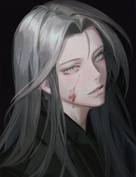 Rule 34 | 1boy, bishounen, black background, black jacket, blood, blood on face, final fantasy, final fantasy vii, final fantasy vii remake, green eyes, grey hair, highres, intointt, jacket, long bangs, long hair, looking at viewer, male focus, parted bangs, parted lips, portrait, sephiroth, slit pupils, solo, upper body