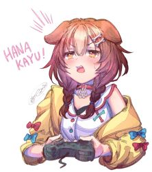 Rule 34 | 1girl, animal ears, blush, bone hair ornament, braid, breasts, brown hair, collar, commentary, controller, dated, dog ears, dress, fangs, game controller, hair between eyes, hair ornament, holding, holding controller, hololive, inugami korone, inugami korone (1st costume), ittokyu, jacket, medium breasts, medium hair, off shoulder, open clothes, open jacket, open mouth, red collar, romaji text, side braids, signature, simple background, sleeveless, sleeveless dress, solo, sweatdrop, translated, twin braids, upper body, virtual youtuber, white background, white dress, yellow eyes, yellow jacket