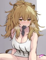 Rule 34 | 1girl, animal ears, arknights, blush, bottomless, breasts, brown eyes, brown hair, cleavage, condom, condom in mouth, cum, grey background, large breasts, lion girl, long hair, looking at viewer, messy hair, mouth hold, siege (arknights), simple background, sitting, solo, sweat, tail, tank top, thighs, used condom, ymayma00ss