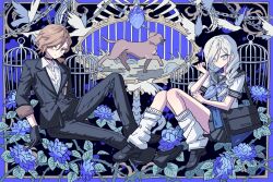 1boy 1girl bird birdcage black_bag black_jacket black_pants black_skirt black_suit blue_border blue_eyes blue_flower border brown_hair bungou_stray_dogs cage chain closed_mouth collared_shirt commission dog dove floral_background flower formal_clothes full_body heart_(organ) highres jacket leg_warmers long_hair looking_at_viewer meremero nakahara_chuuya_(bungou_stray_dogs) original pants school_uniform second-party_source serafuku shirt short_hair sitting skirt suit white_hair white_shirt