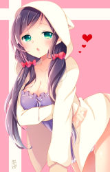 Rule 34 | 10s, 1girl, animal hood, blue hair, blush, bow, breasts, cat hood, chestnut mouth, cleavage, goma (11zihisin), green eyes, hair bow, hair over shoulder, heart, hood, hoodie, long hair, long sleeves, looking at viewer, loungewear, love live!, love live! school idol festival, love live! school idol project, no pants, open mouth, ribbon-trimmed clothes, ribbon trim, solo, tojo nozomi, twintails
