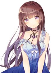 Rule 34 | 1girl, :o, bad id, bad tumblr id, bare arms, bare shoulders, black ribbon, blue dress, blush, breasts, brown hair, cleavage, collarbone, dress, flower, flower necklace, frilled dress, frills, head tilt, highres, jewelry, long hair, looking at viewer, medium breasts, neck ribbon, necklace, original, parted lips, purple eyes, purple flower, ribbon, shiino sera, sidelocks, simple background, sleeveless, sleeveless dress, solo, standing, strap slip, upper body, white background, white ribbon