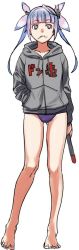 Rule 34 | 1girl, alternate costume, arm behind back, blue hair, candy, clothes writing, food, full body, gradient hair, hair ribbon, hand in pocket, hiroe rei, holding, holding torpedo, hood, hoodie, i-19 (kancolle), jacket, kantai collection, lollipop, long hair, long sleeves, multicolored hair, one-piece swimsuit, purple hair, ribbon, simple background, solo, standing, swimsuit, torpedo, tri tails, white background