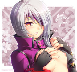 Rule 34 | 10s, 1girl, 2014, artist name, bad id, bad pixiv id, black gloves, blush, breasts, bururai, character name, copyright name, covering privates, covering breasts, eyepatch, fingerless gloves, gina dickinson, gloves, god eater, god eater 2: rage burst, jacket, looking at viewer, nipples, open clothes, open jacket, parted lips, red eyes, silver hair, small breasts, solo